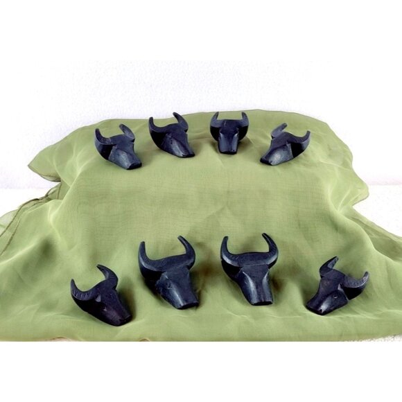 Unmarked Other - Water Buffalo Napkin Rings Hand Carved Hard Wood Black Set of 8 Vtg MCM Bull Hds